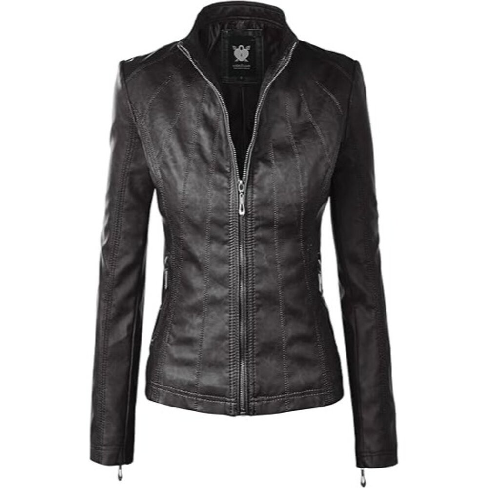 Lock & Love Womens Black Faux Leather Moto Jacket Quilted Stitch Design M, NWOT